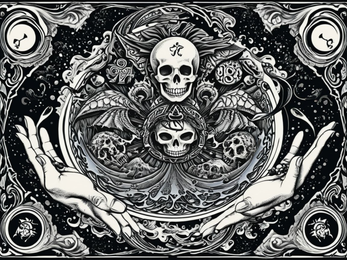Black and white skull design with celestial motifs