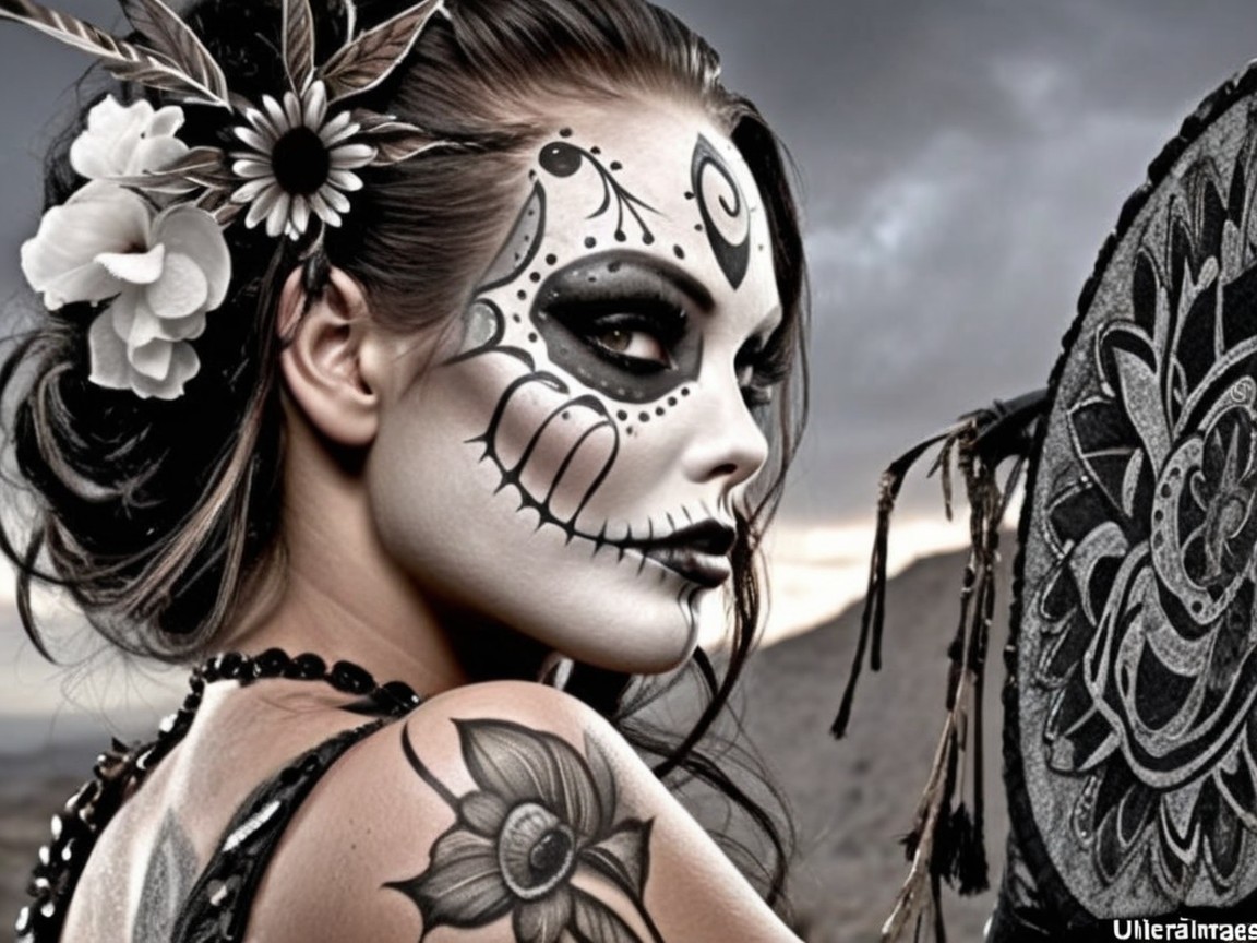 Woman with Day-of-the-Dead Makeup and Floral Tattoo