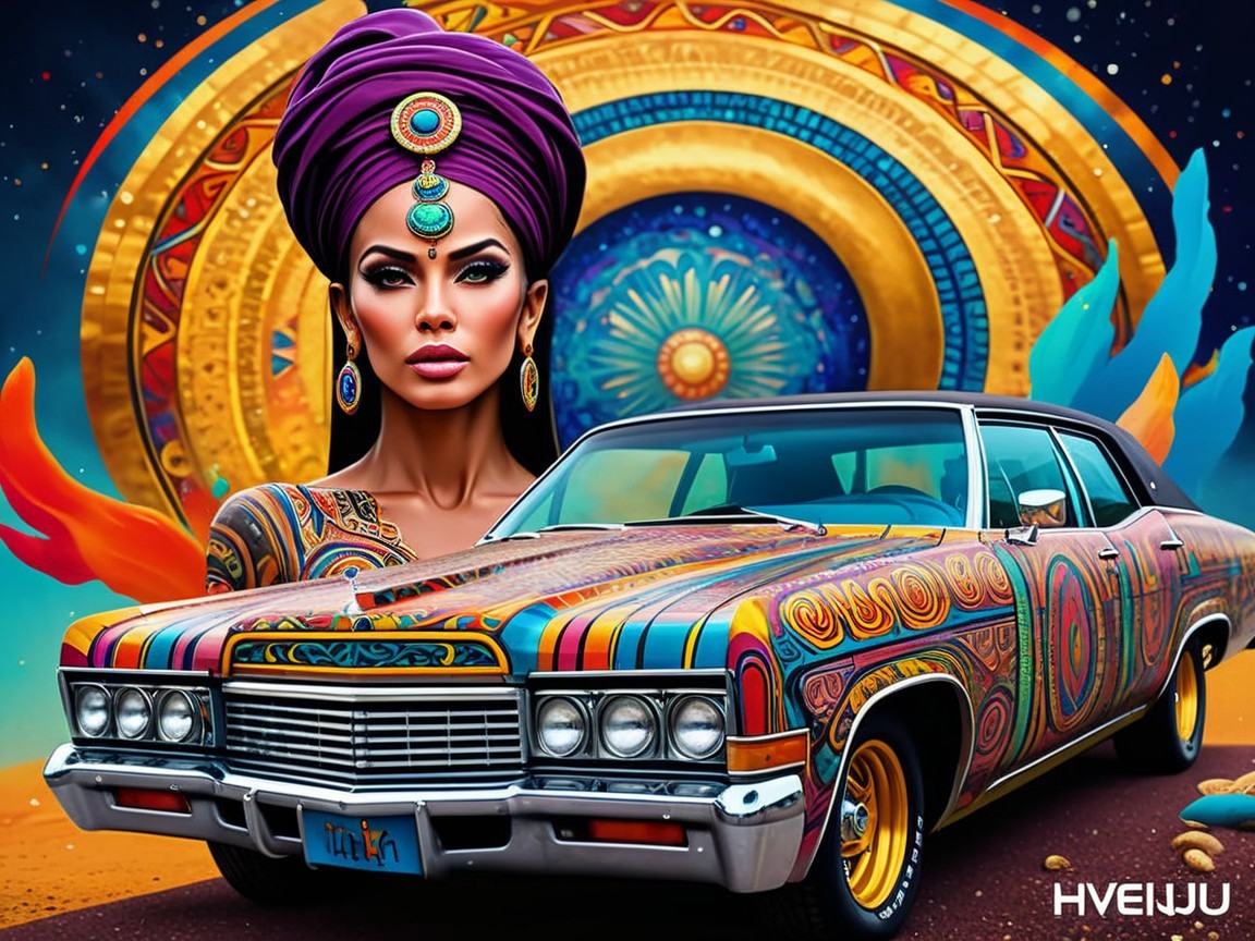 Psychedelic Scene with Adorned Woman and Classic Car