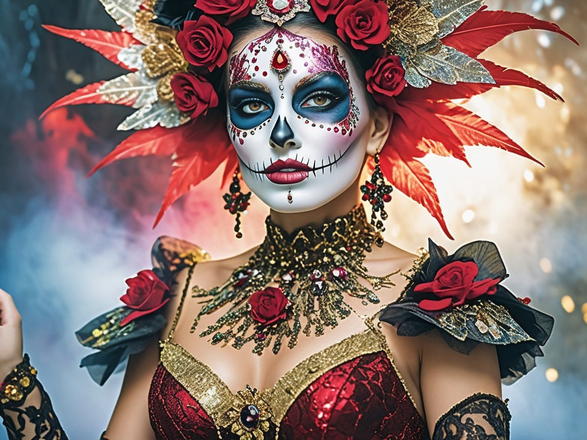 Portrait of a woman in vibrant Dia de los Muertos makeup
