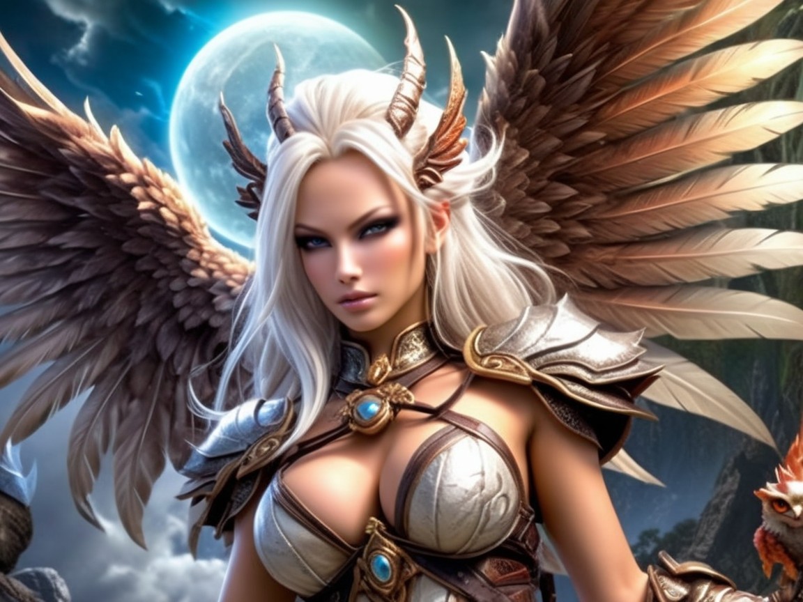Fierce female warrior with white hair and majestic wings