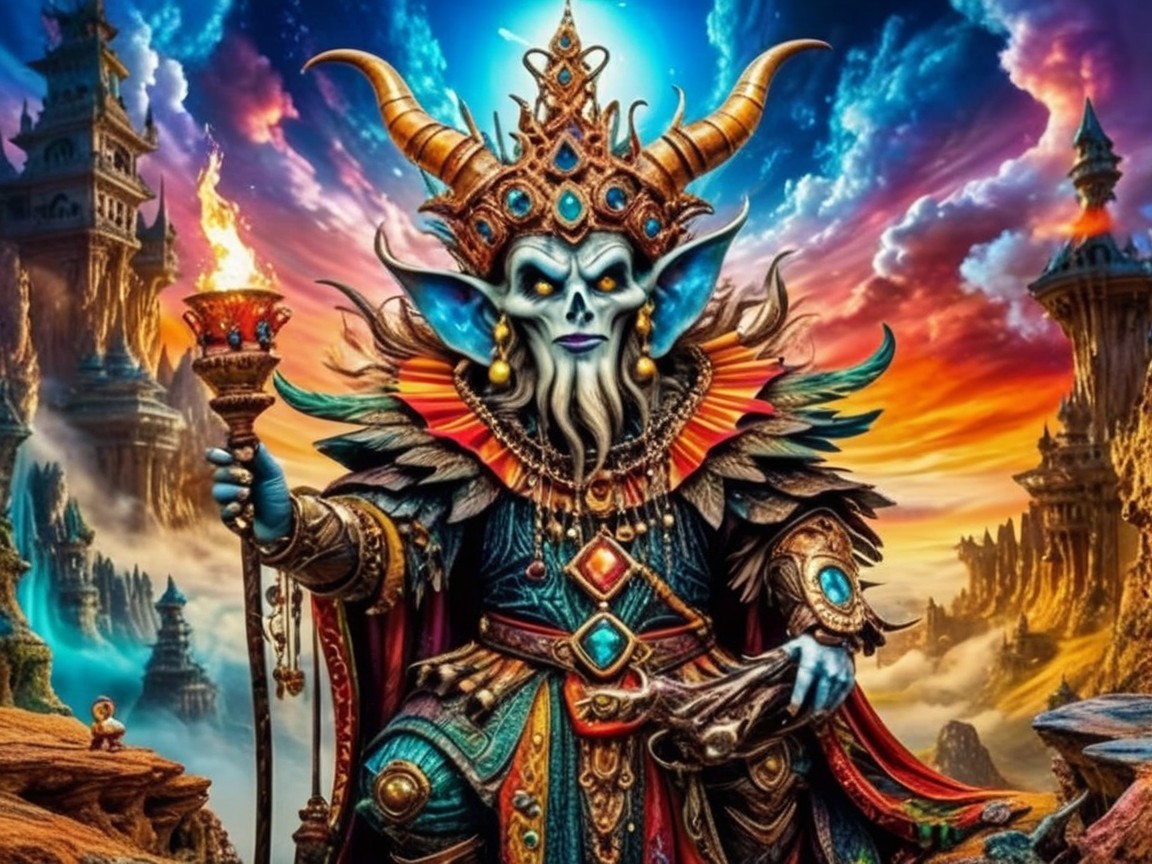 Majestic figure in colorful armor on rocky outcrop