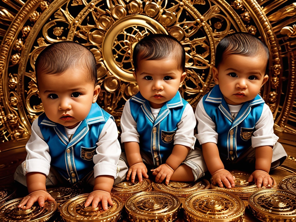 Three Babies in Blue Vests Against Golden Backdrop
