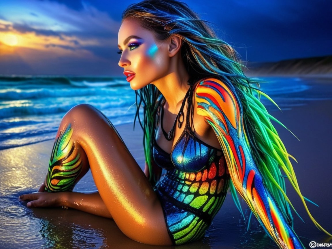 Vibrant Beach Scene with Colorful Body Art and Sunset