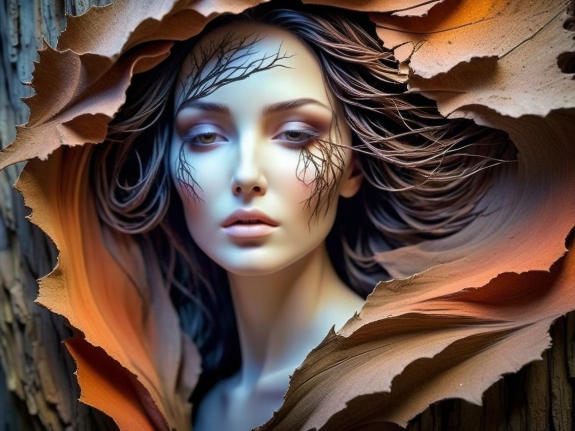 Young Woman Surrounded by Textured Natural Elements