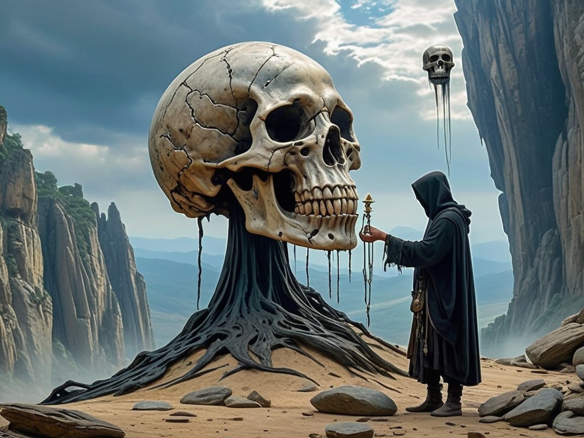 Surreal Landscape with Skull and Cloaked Figure