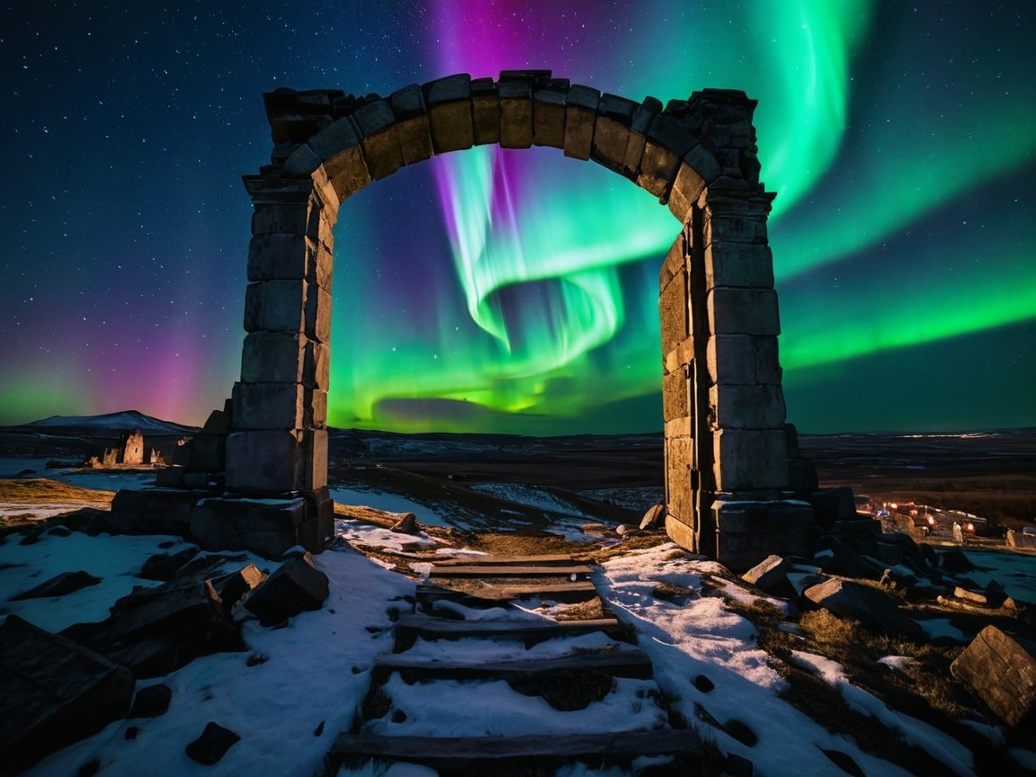 Night Scene with Stone Archway and Northern Lights