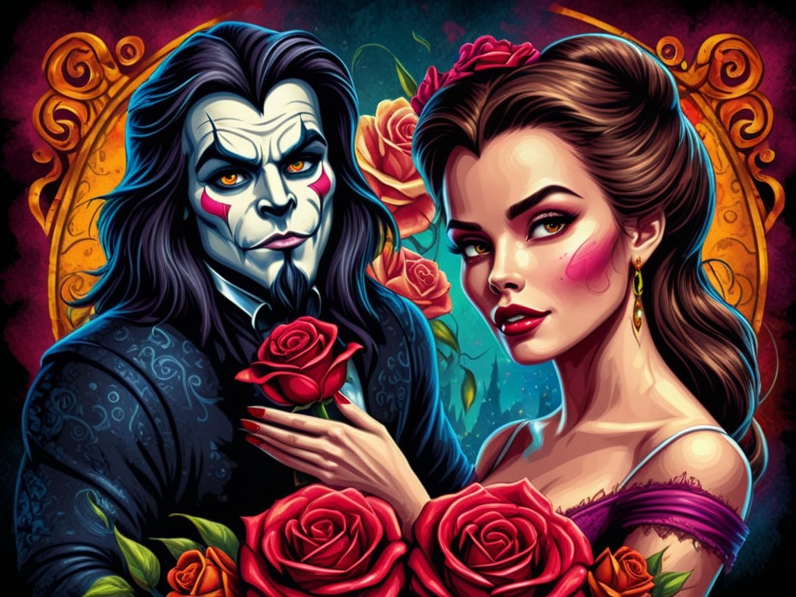 Couple in Gothic Embrace Surrounded by Red Roses