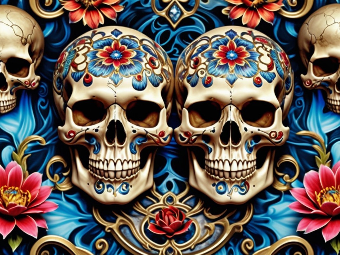 Ornate Skull Design with Colorful Floral Patterns
