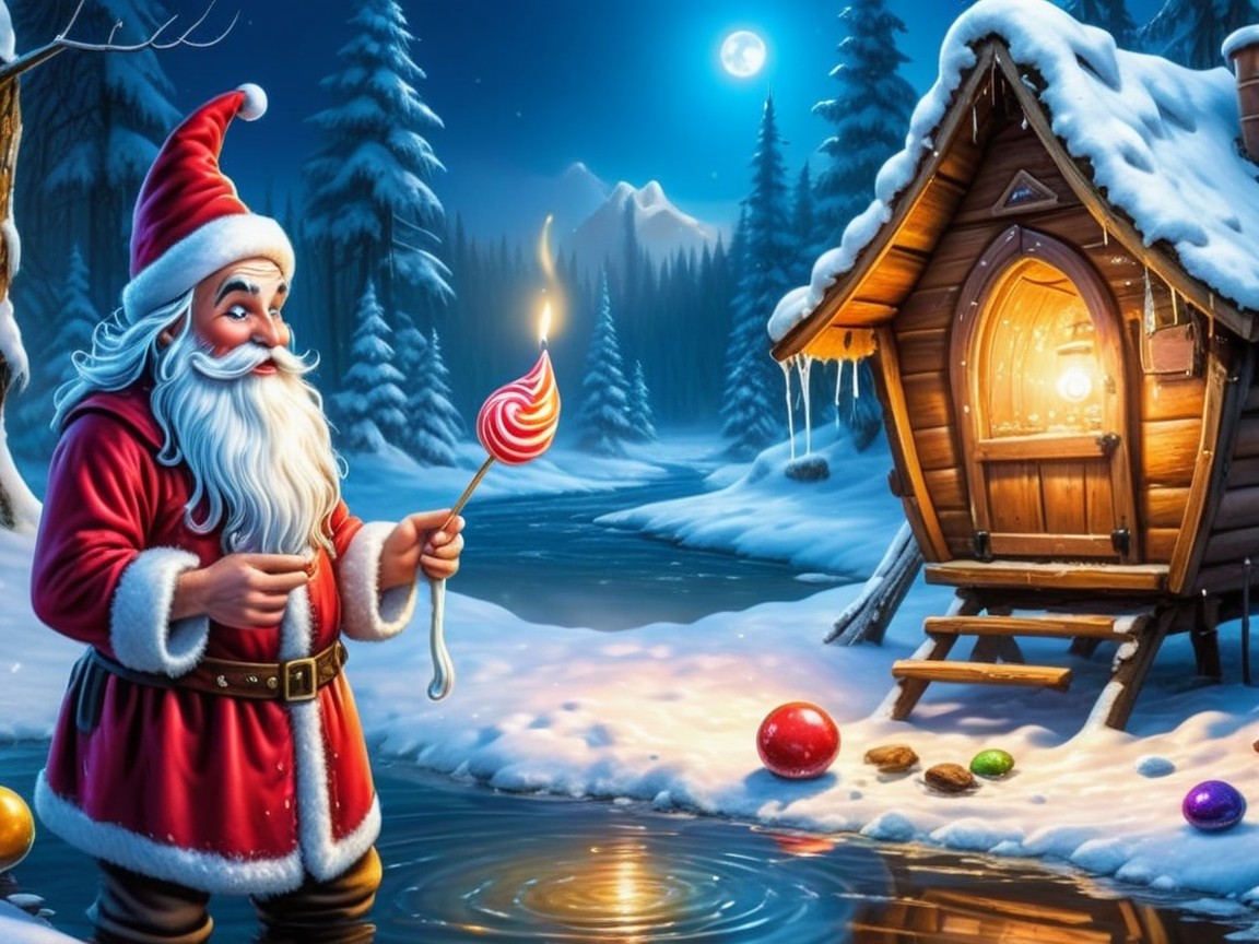 Santa Claus Fishing in a Winter Wonderland Scene