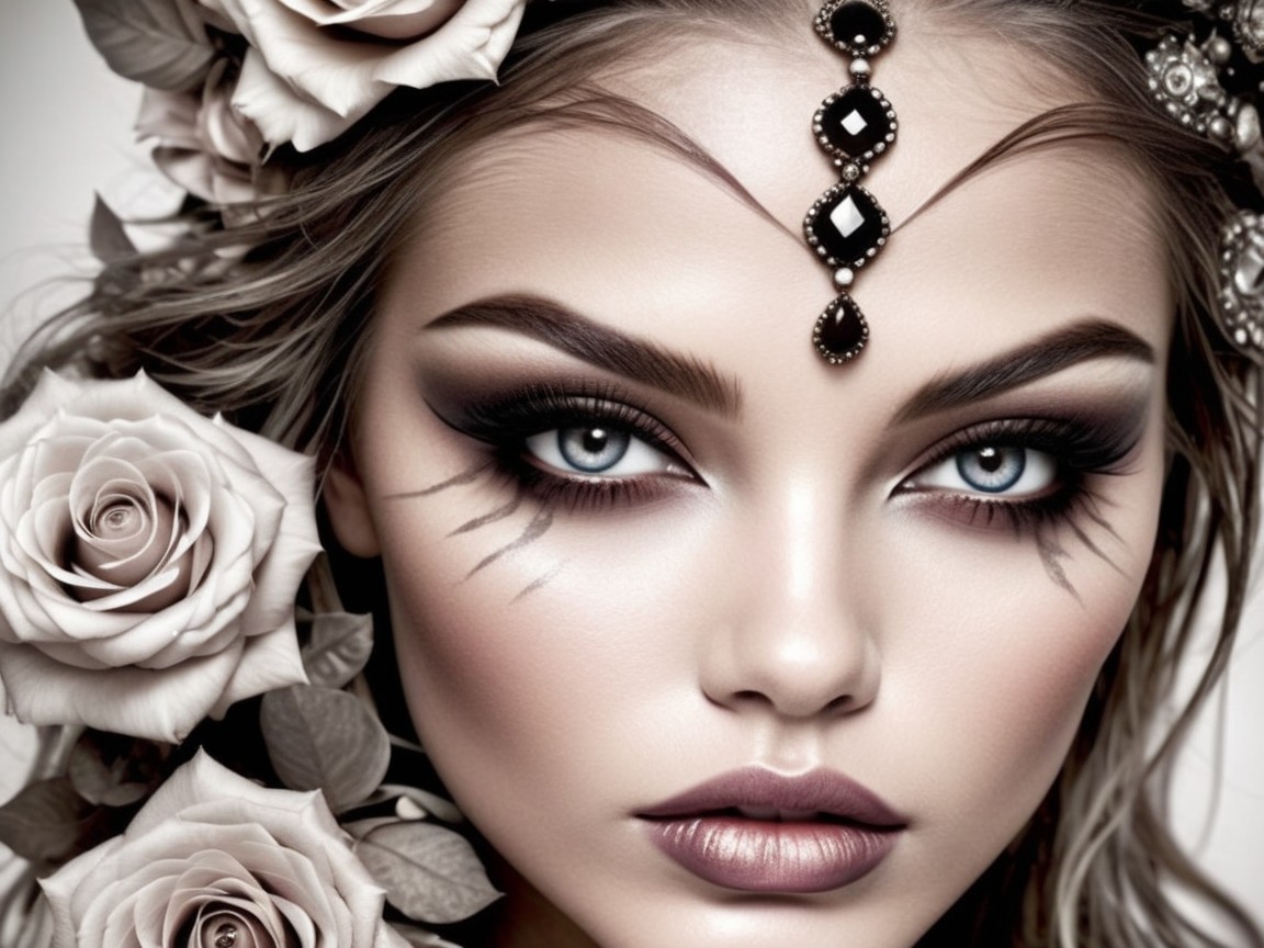 Close-up of a woman with dramatic makeup and roses