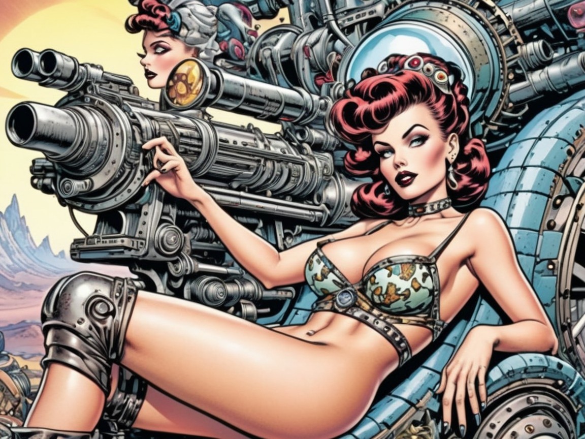 Futuristic Scene with Female Figure and Steampunk Machine
