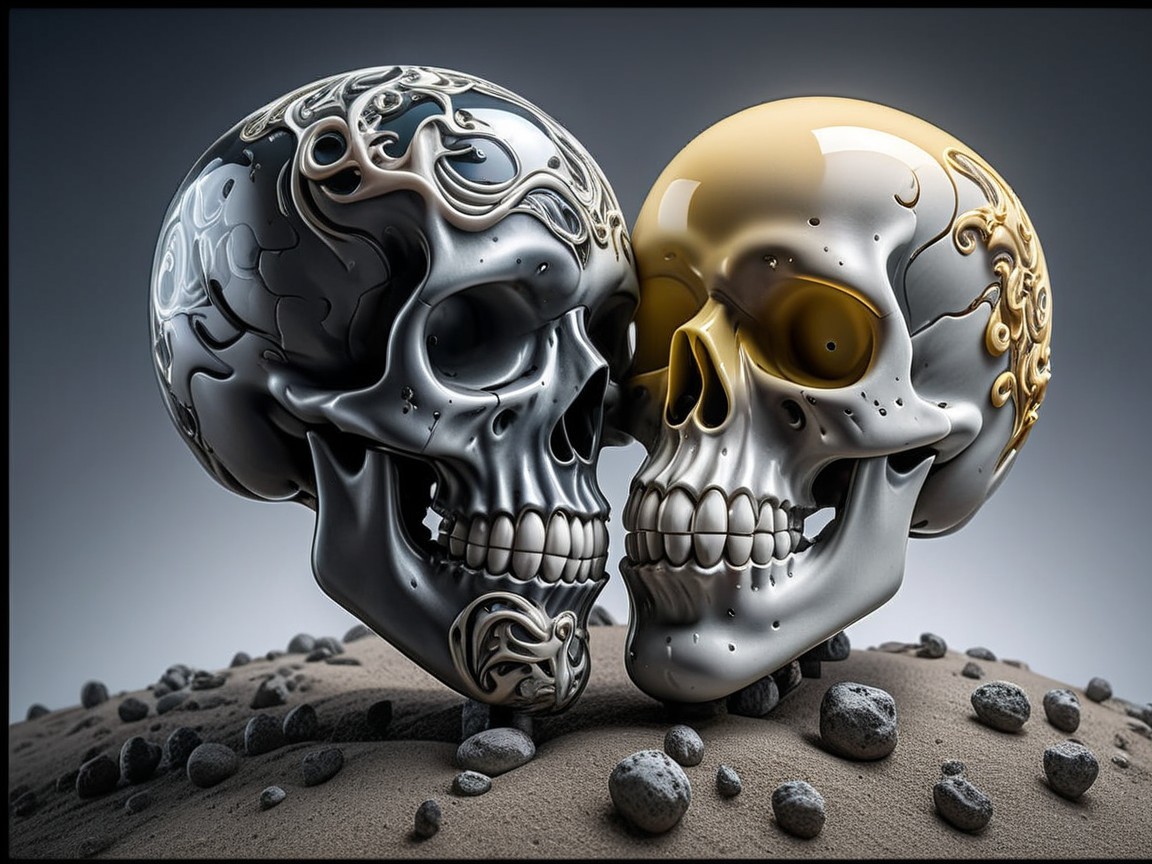 Artistic Skulls in Black and Gold on Textured Surface
