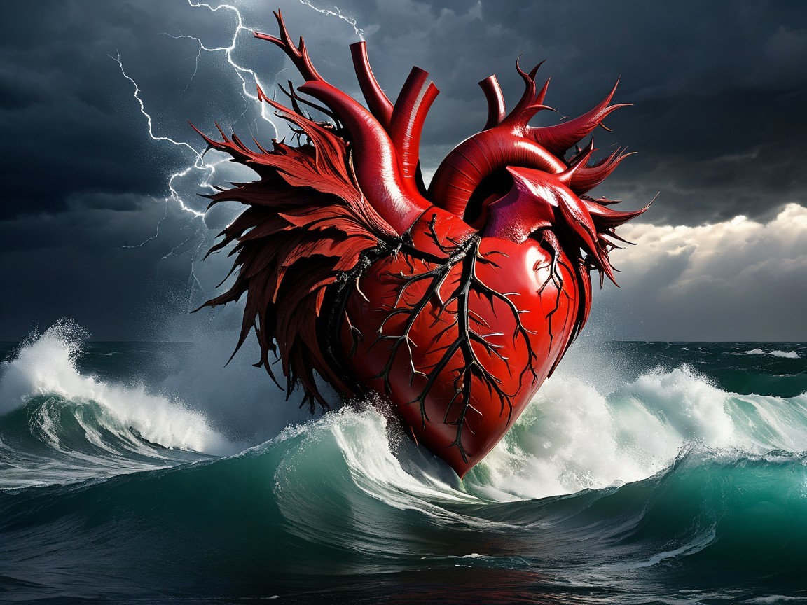 Surreal Heart Rising from Stormy Ocean Waves