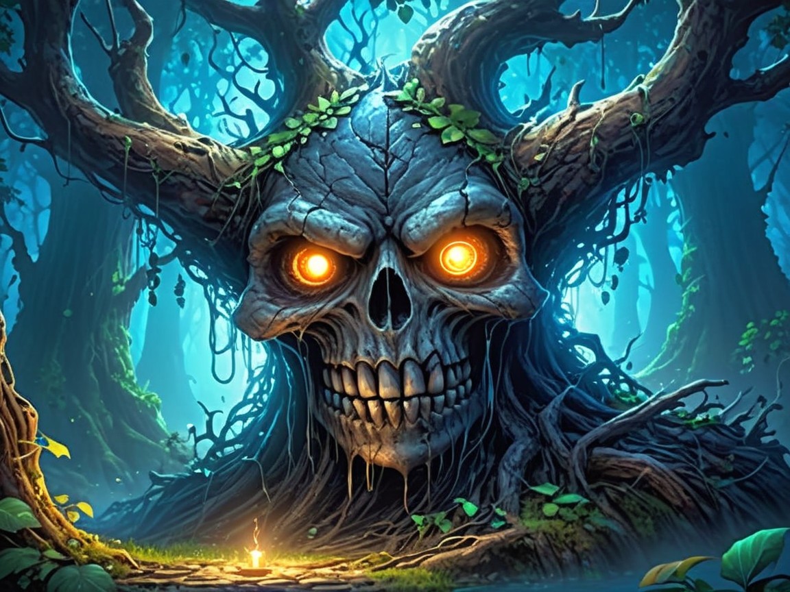 Mystical forest with a colossal gnarled tree face