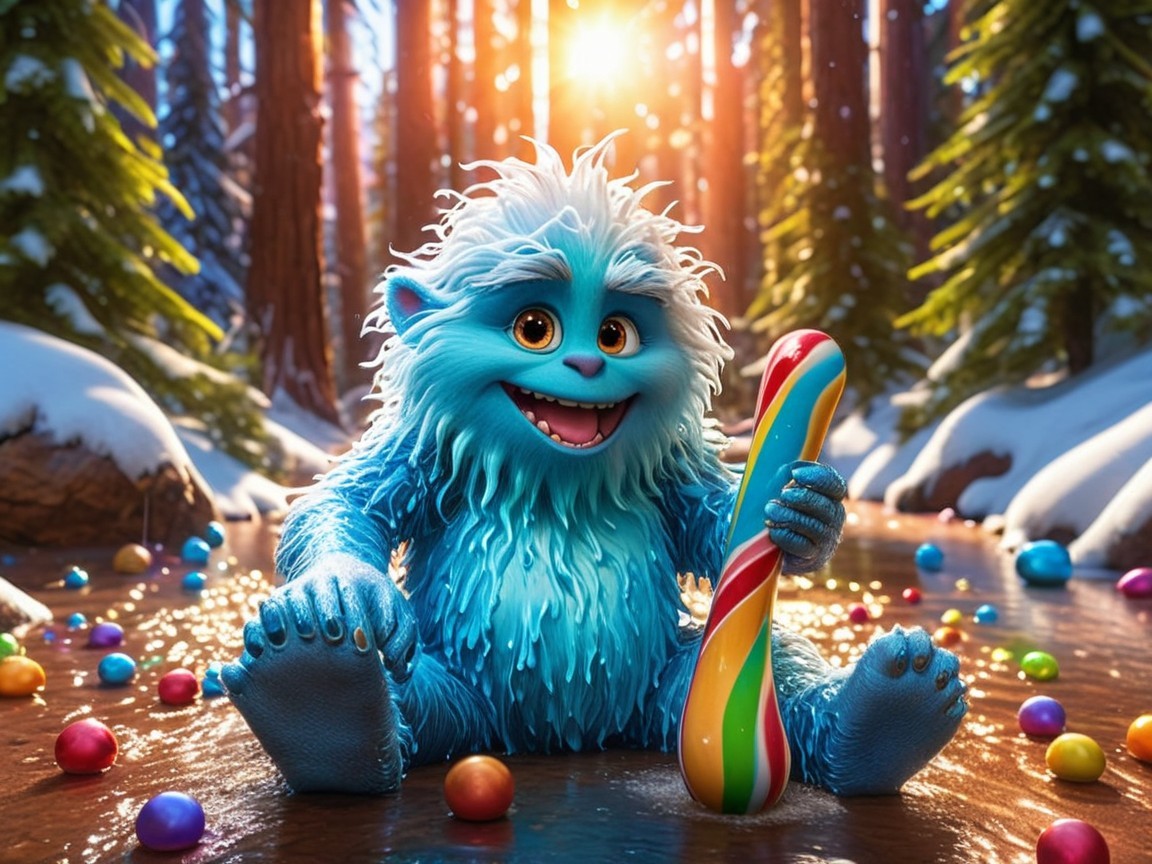Blue-furred creature with candy cane in snowy forest