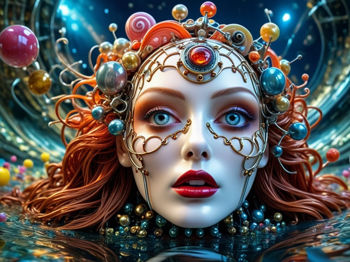 Surreal Female Face with Metallic Adornments and Orbs