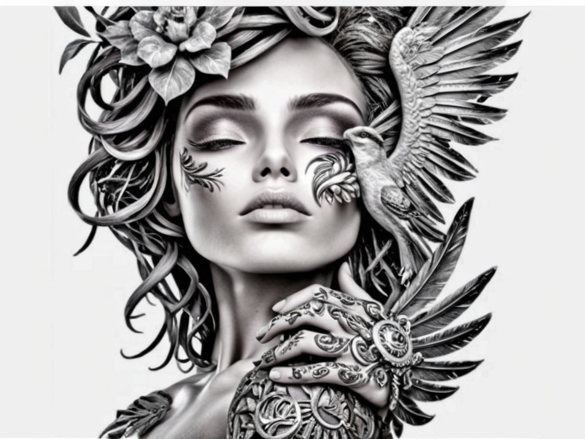 Monochrome Portrait of Woman with Floral Details