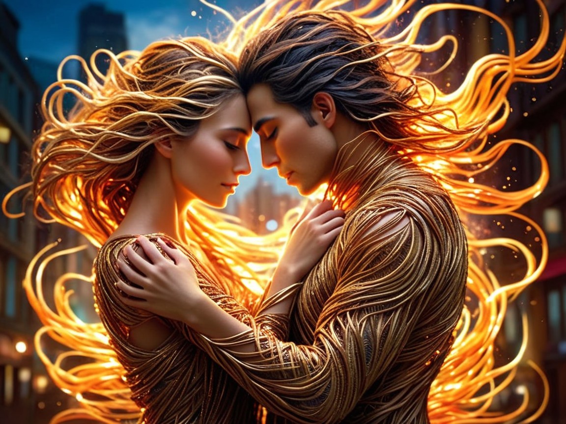 Figures in Embrace with Fiery Hair and Cityscape Background