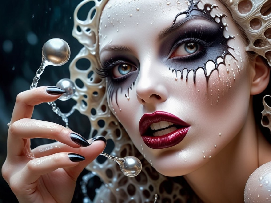 Portrait of a Woman with Bold Makeup and Pearls