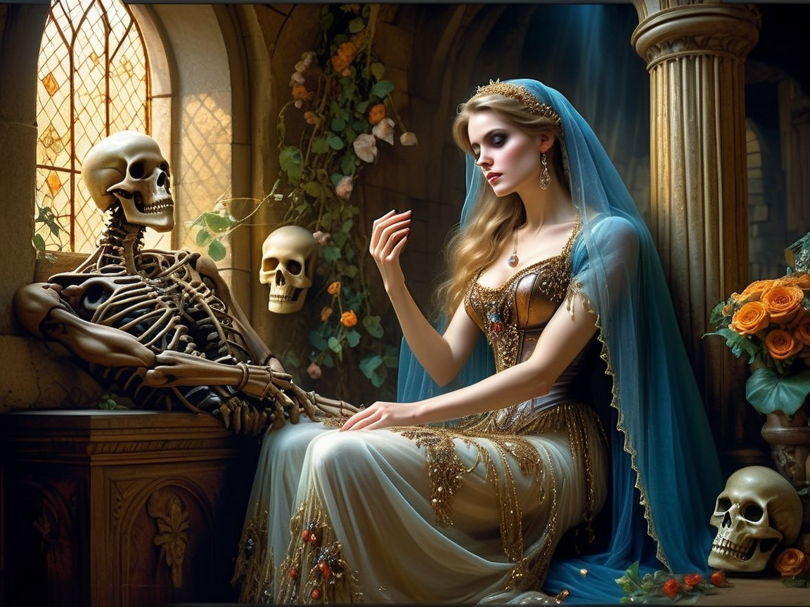 Gothic Scene of Woman with Skeleton and Roses