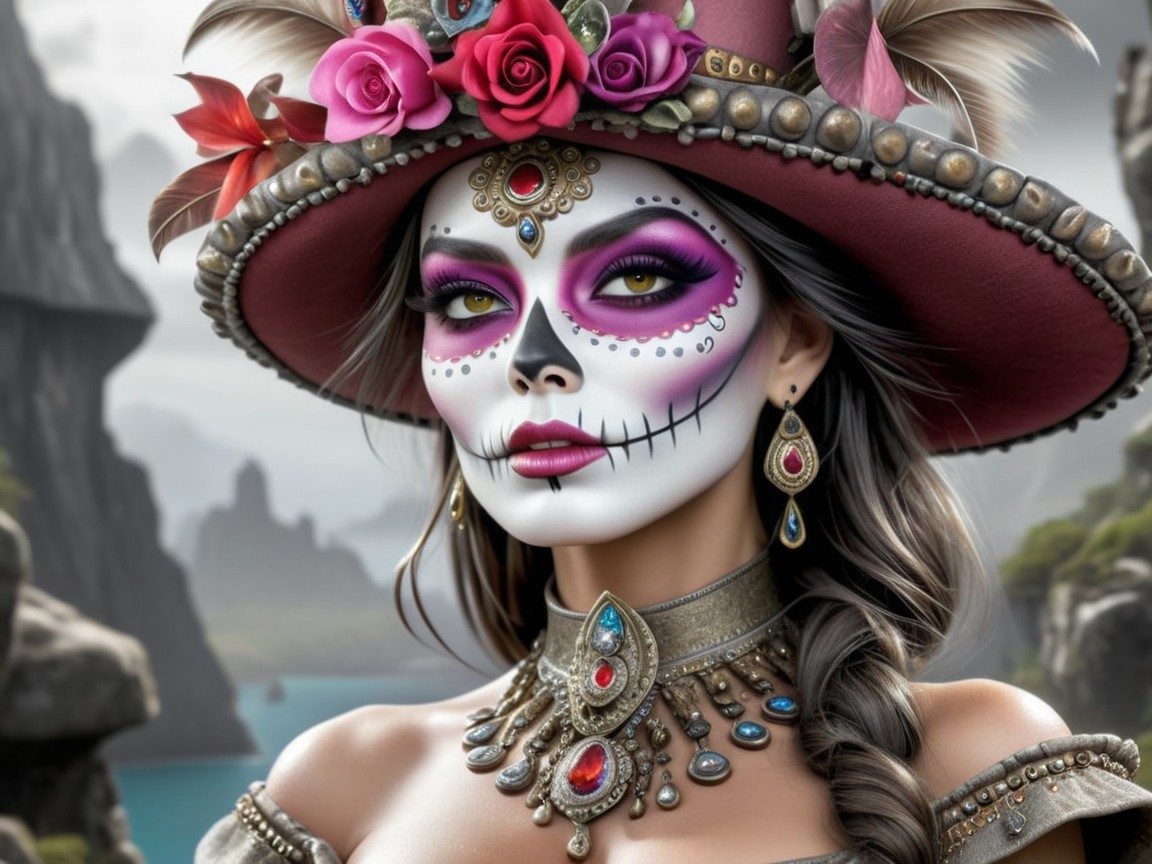 Traditional Día de los Muertos Makeup with Coastal View