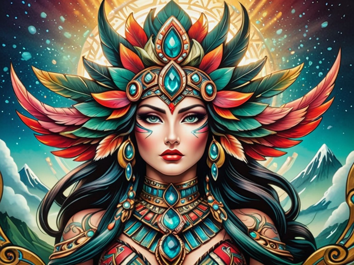 Woman in Feathered Headdress with Turquoise Jewelry