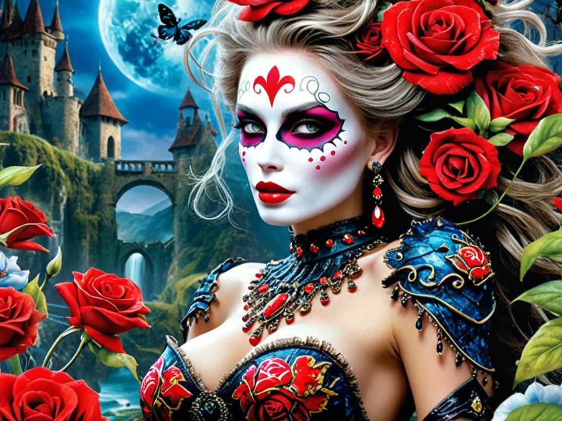 Woman with Sugar Skull Face Paint and Floral Hair