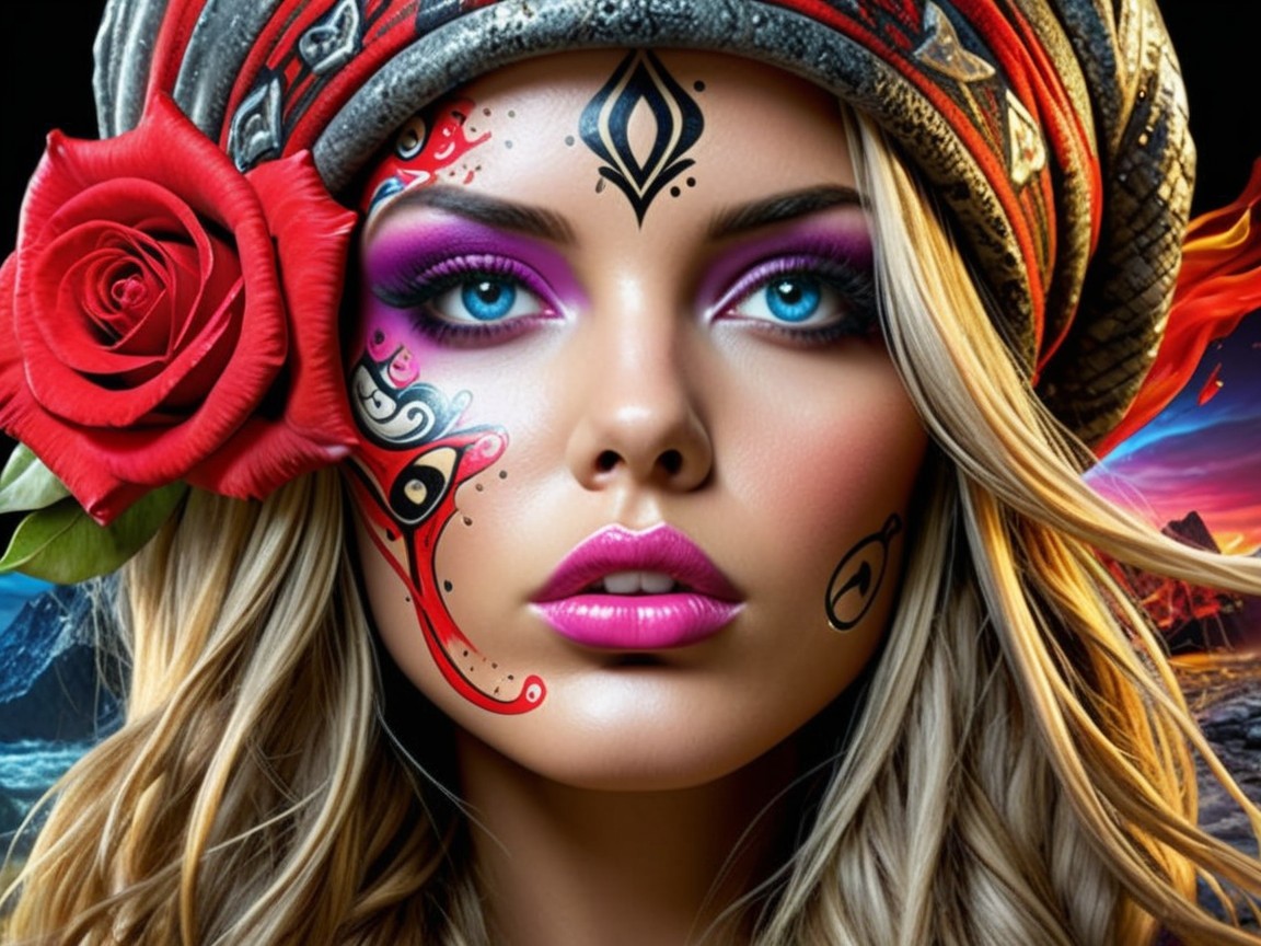 Portrait of a woman with facial tattoos and vibrant makeup