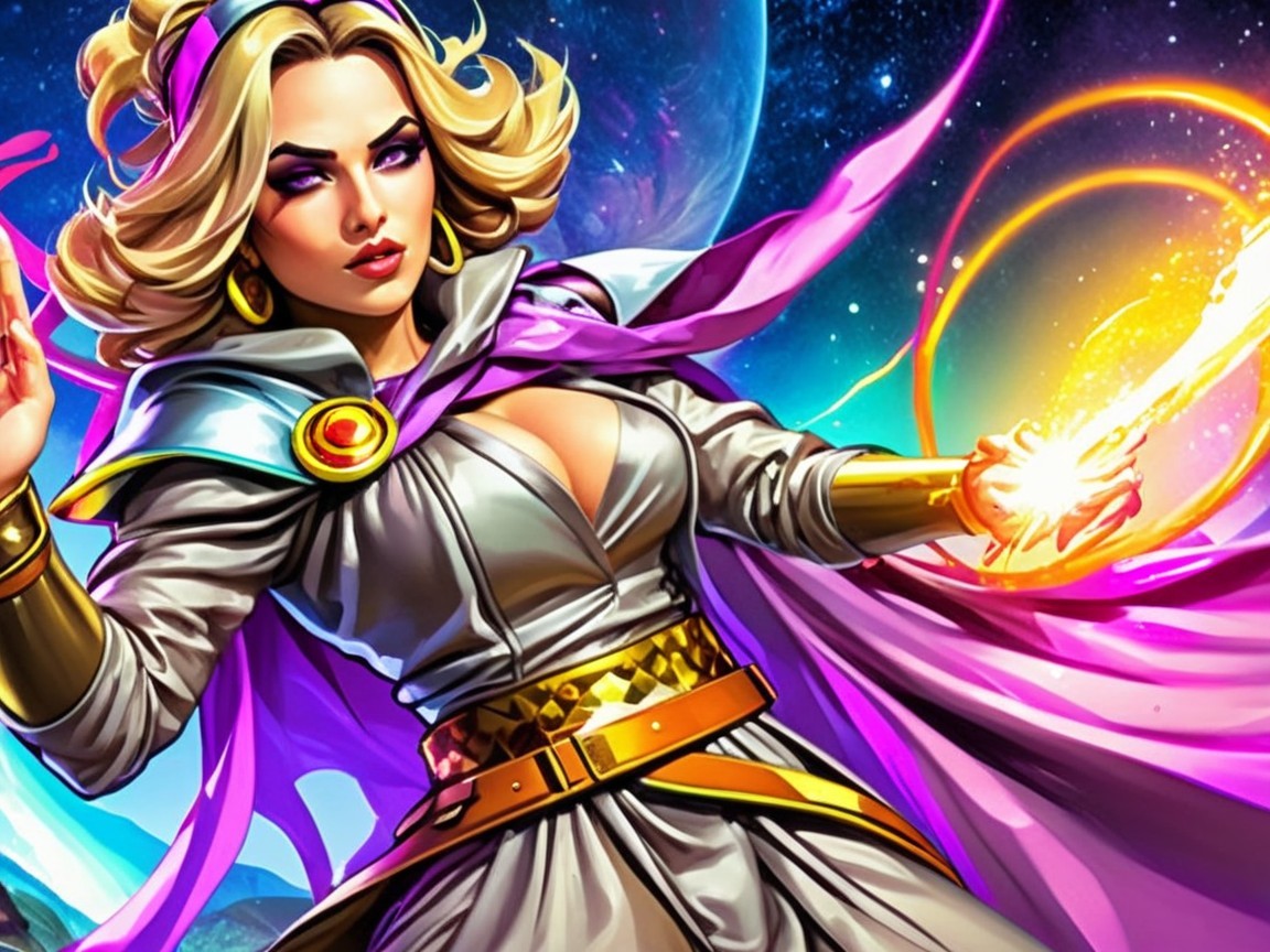 Sorceress in Cosmic Landscape with Vibrant Colors