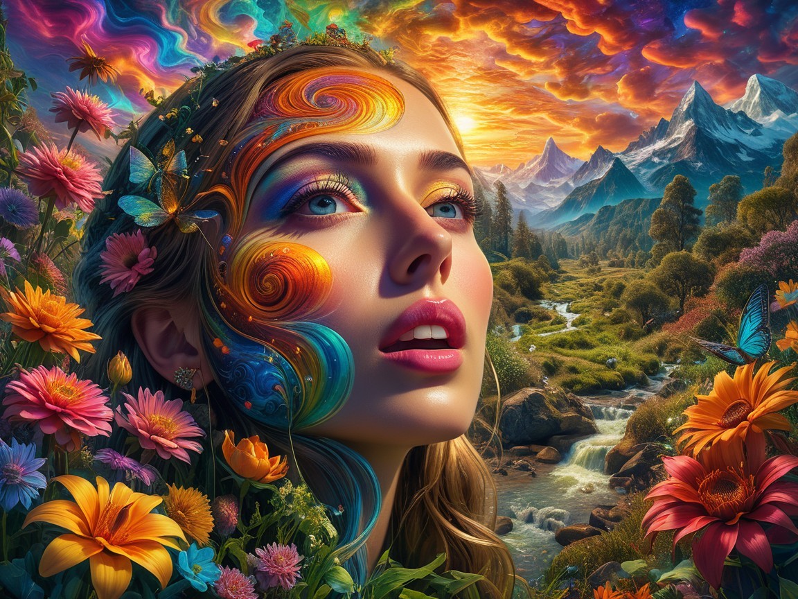 Vibrant Portrait of a Woman in a Dreamlike Landscape