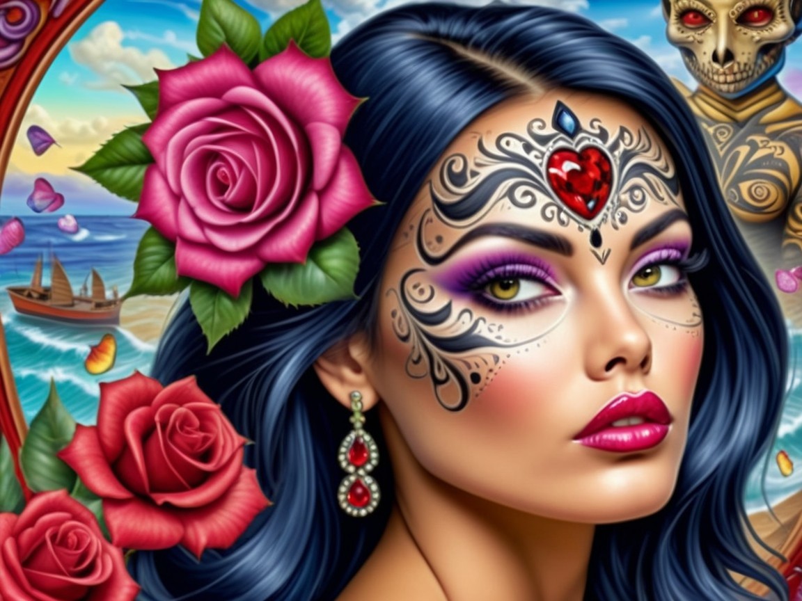 Striking Woman with Facial Adornments and Ocean Backdrop