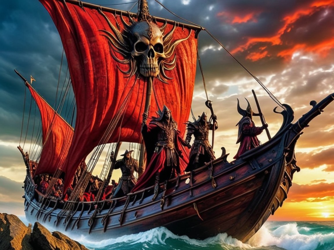 Dramatic Pirate Ship with Red Sail in Turbulent Waters