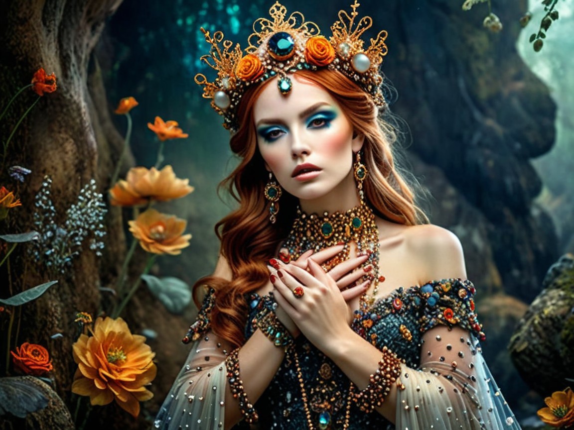 Elegant Woman in Gem-Studded Gown in Enchanted Forest