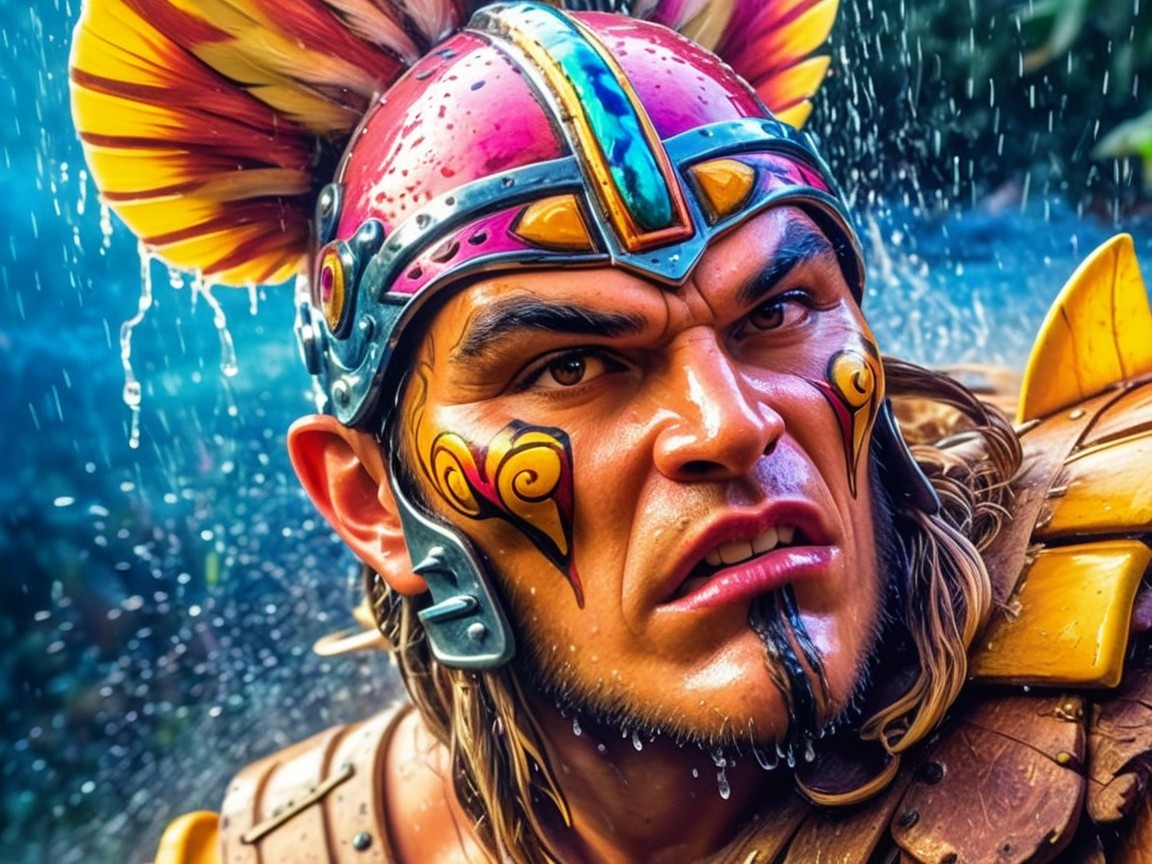 Fierce Warrior Under Waterfall with Colorful Armor