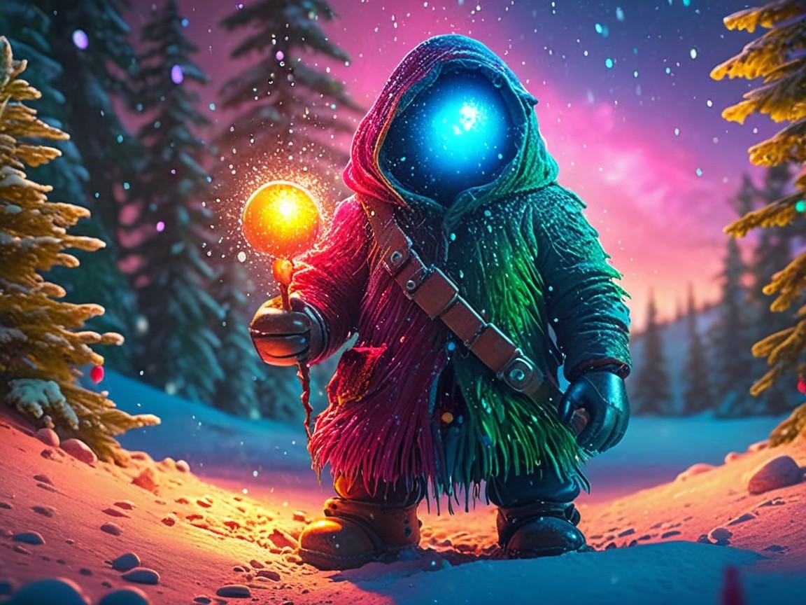 Cloaked Figure with Pulsating Light in Snowy Forest