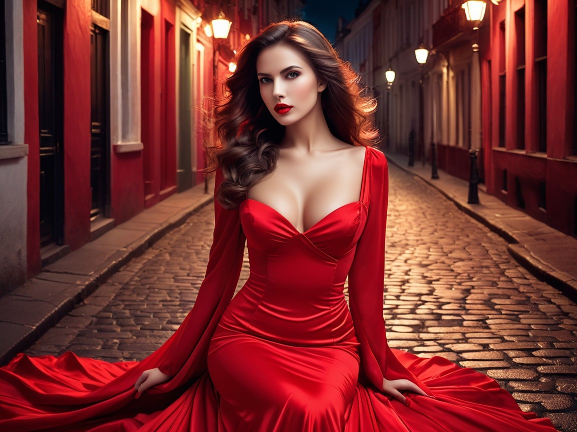Elegant Woman in Red Gown on Cobblestone Street