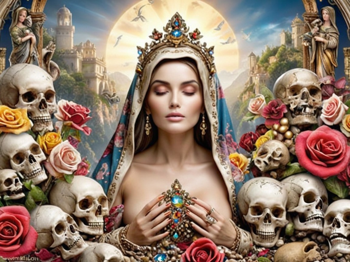 Regal Figure with Crowns, Skulls, and Roses