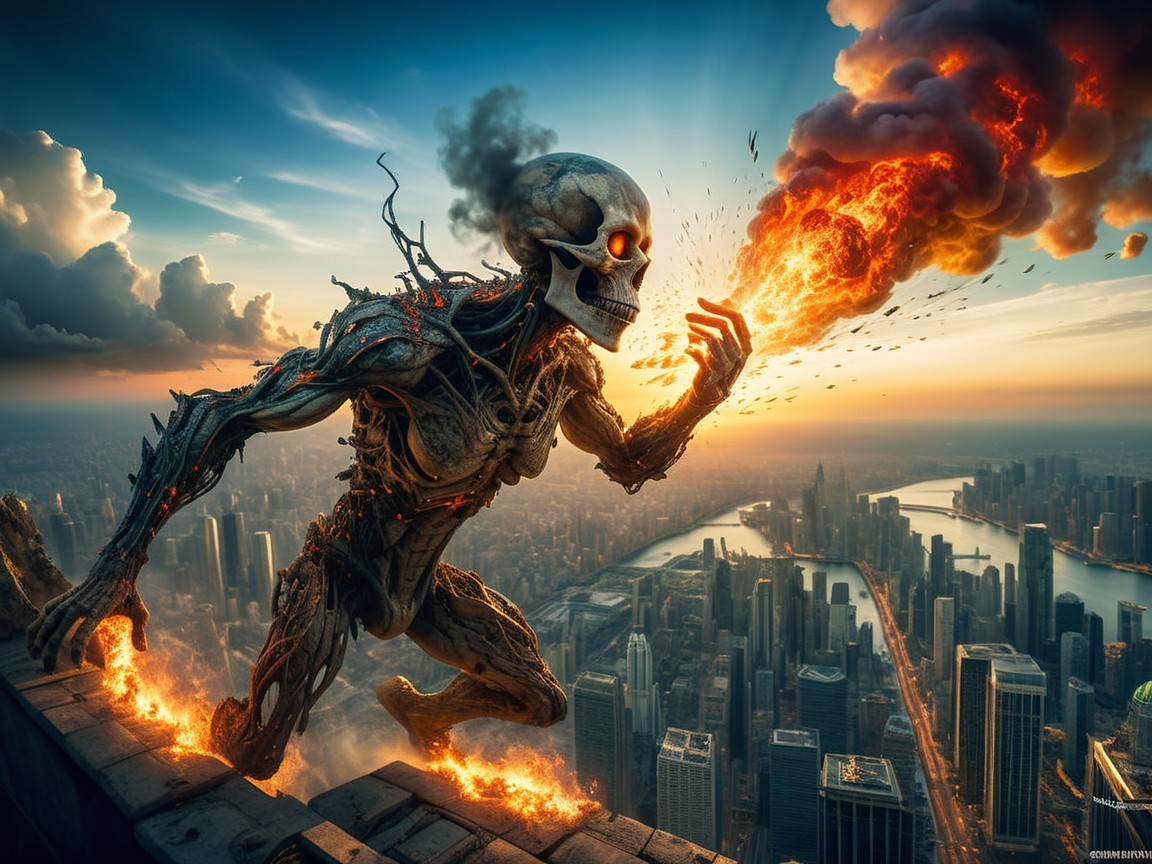 Skeletal Figure with Fiery Eyes Over City Skyline