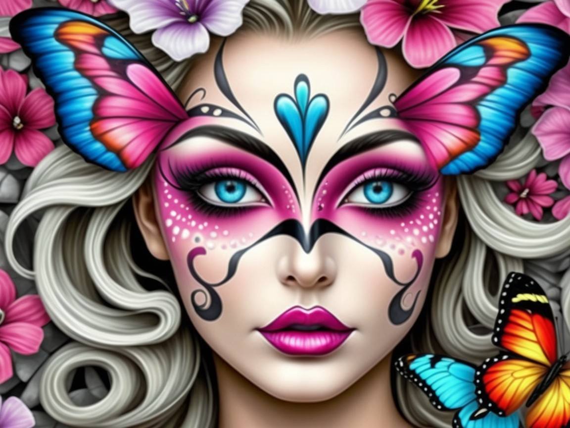 Portrait of a woman with butterfly makeup and flowers