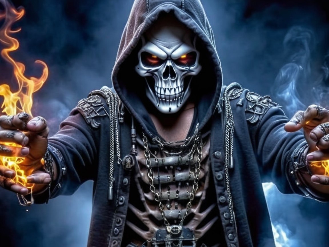 Mysterious Hooded Figure with Flames and Chains