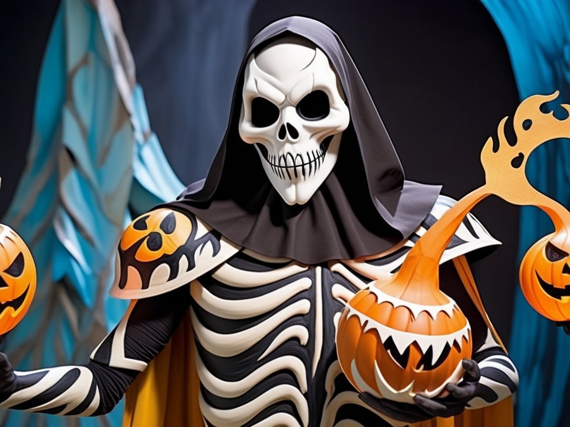 Skeleton Costume with Pumpkin Lanterns in Colorful Setting