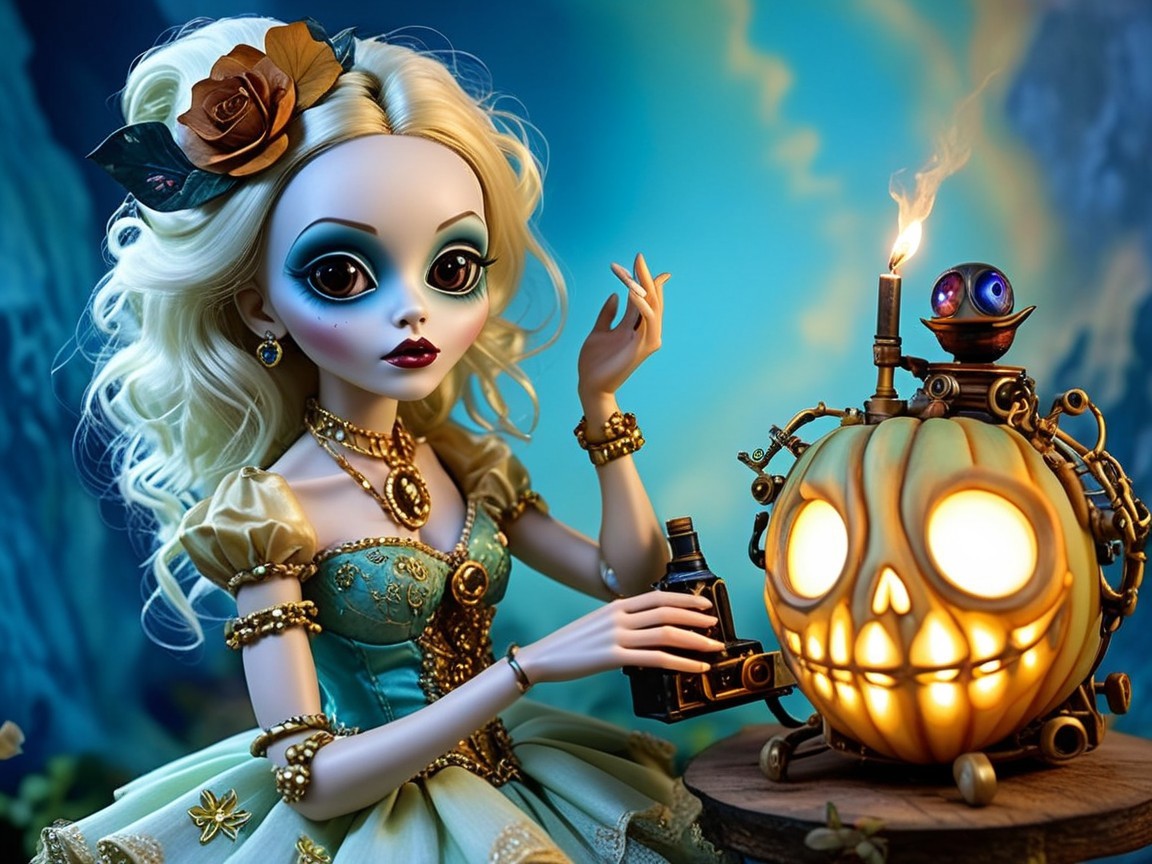 Doll and Pumpkin in Enchanted Forest Setting
