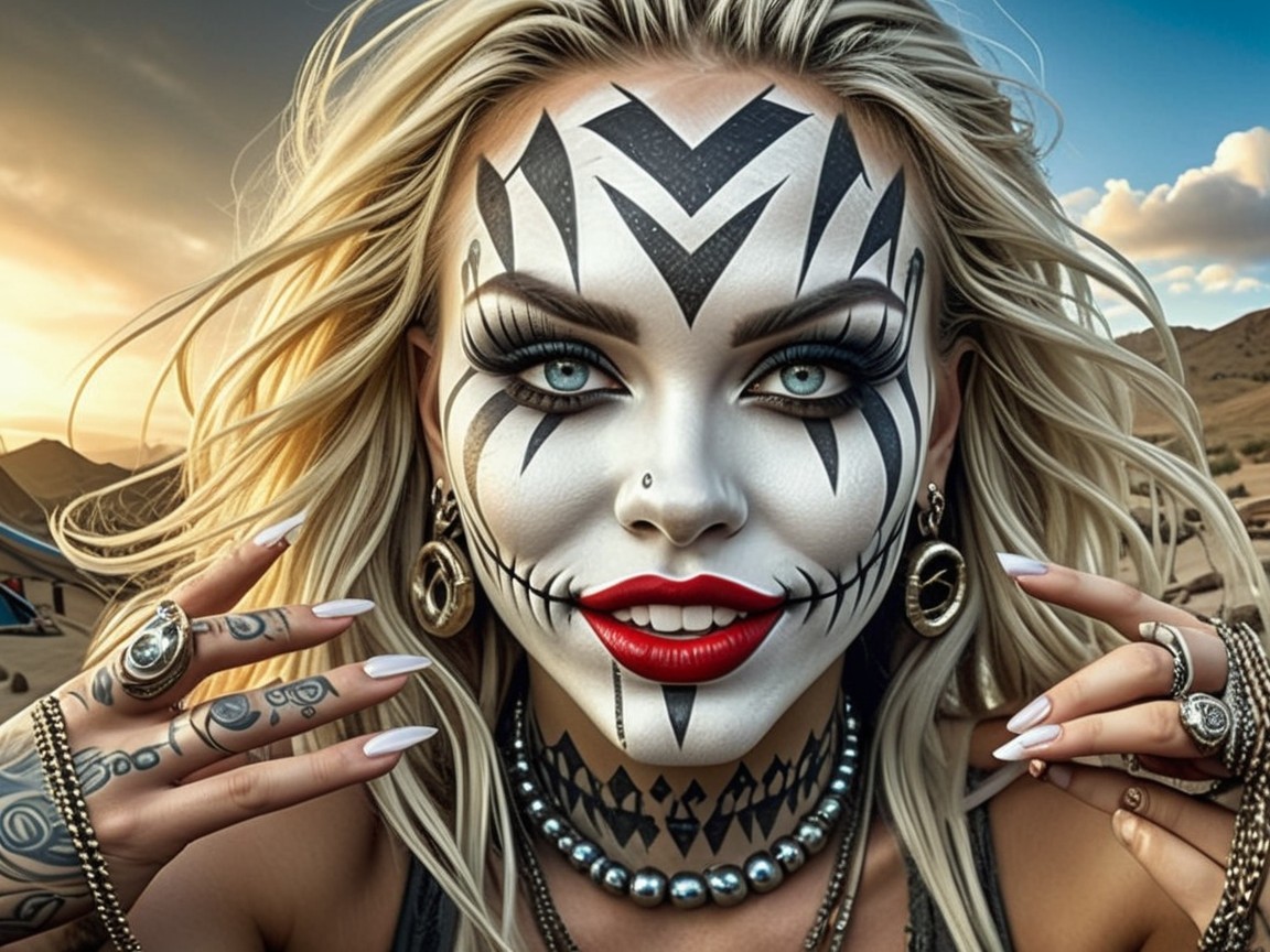 Portrait of a Woman with Bold Face Paint and Tattoos