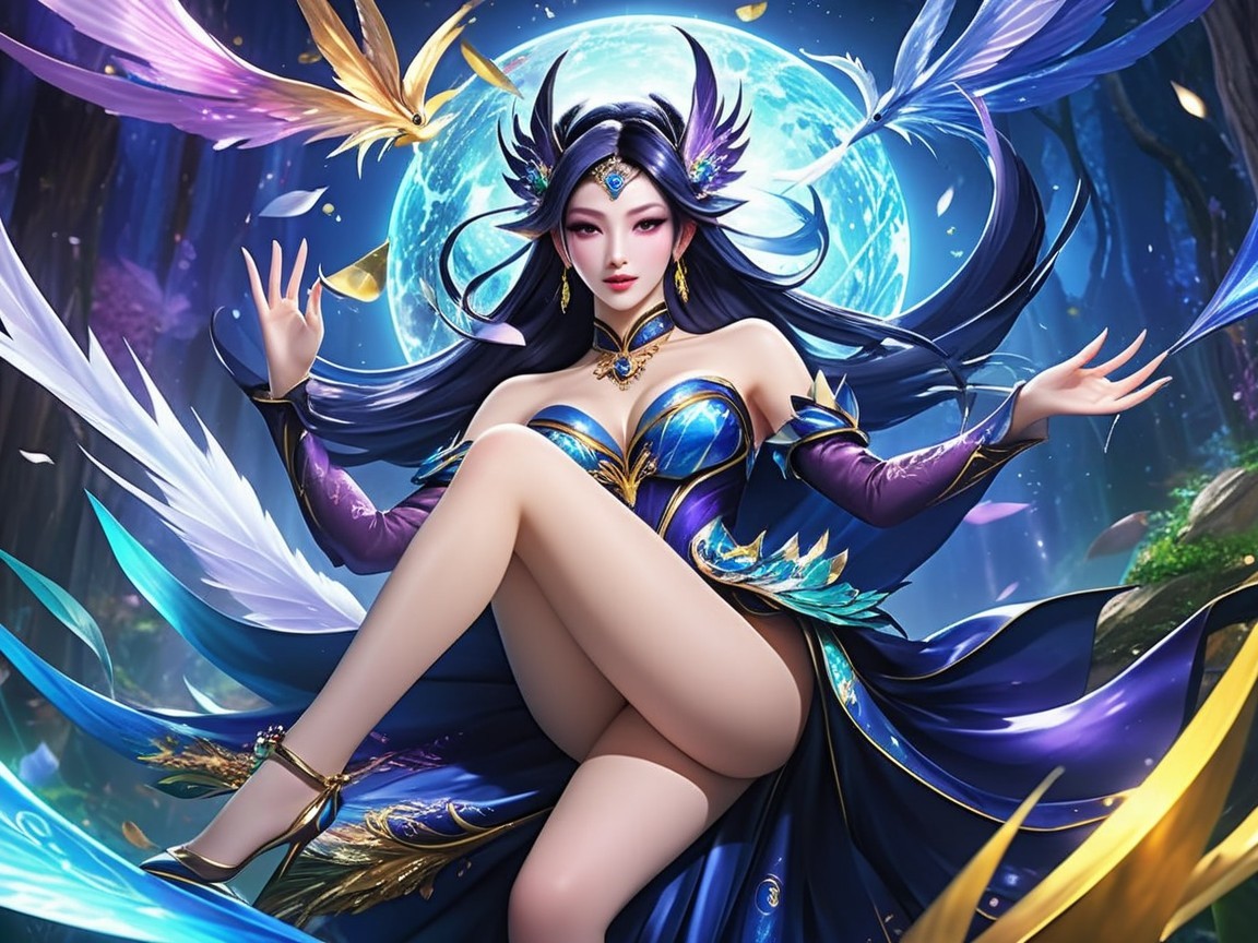 Fantastical female figure with vibrant outfit and wings