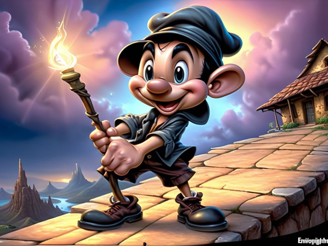 Cheerful character on a winding path with torch