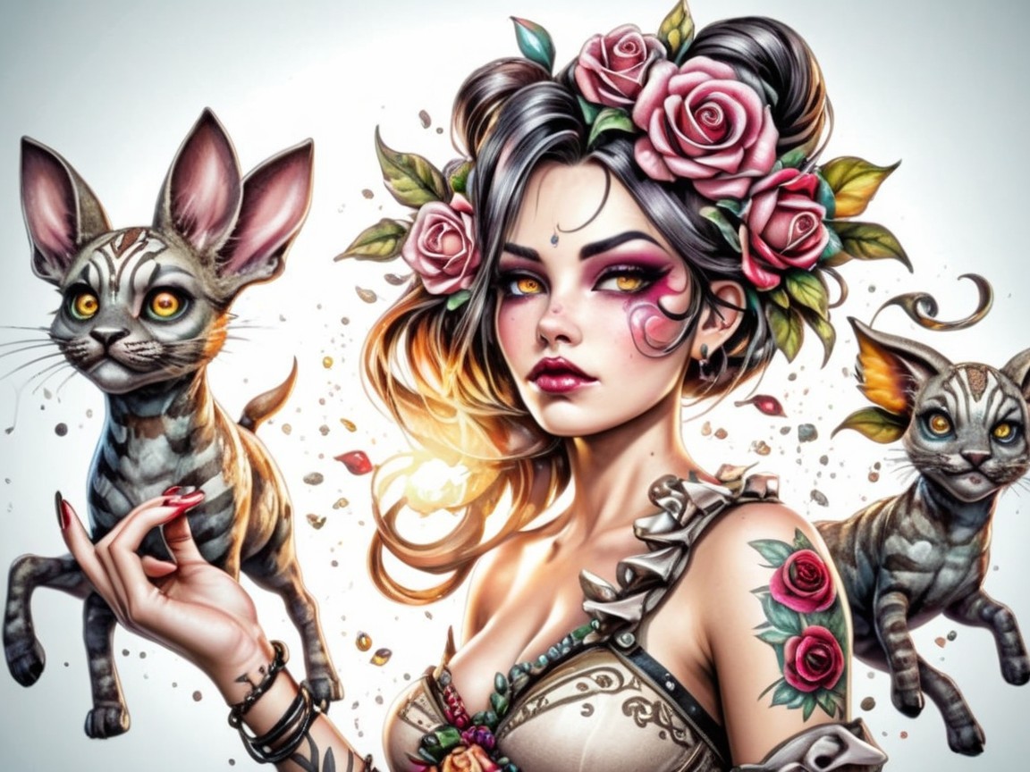 Woman with Floral Crown and Two Unique Cats