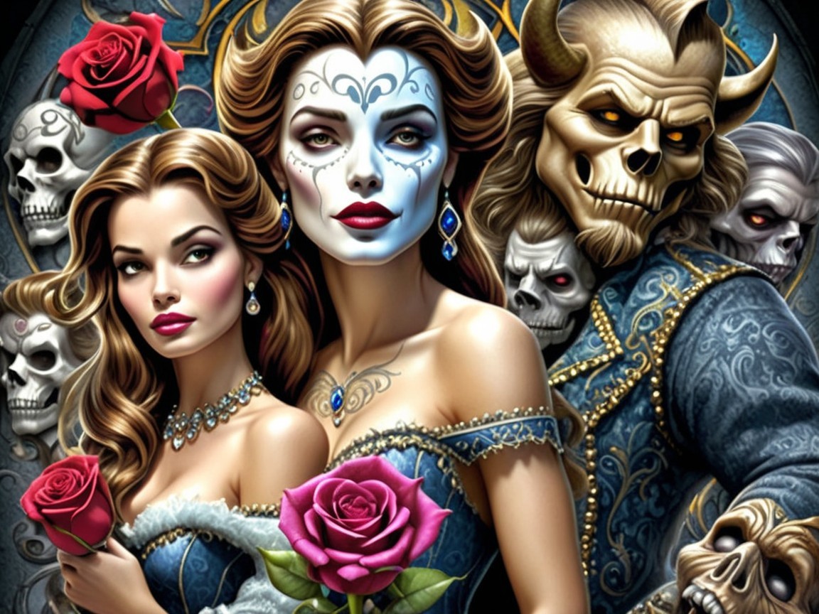 Fantasy Artwork of Women in Blue Dresses with Skulls