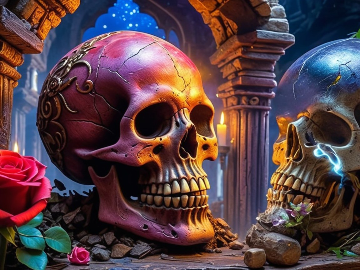 Ornate Red and Blue Skulls in Candlelit Setting