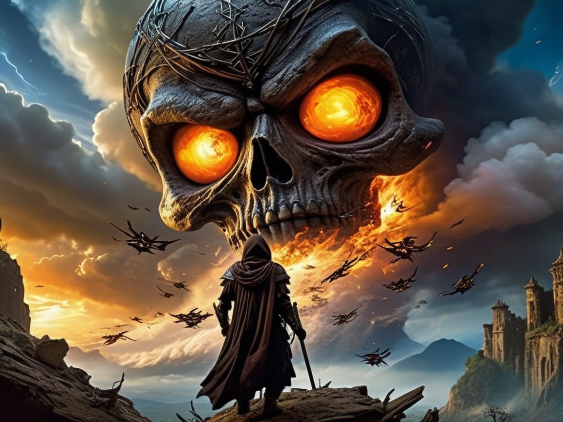 Cloaked Figure Overlooks Ominous Skull in Fantasy Landscape